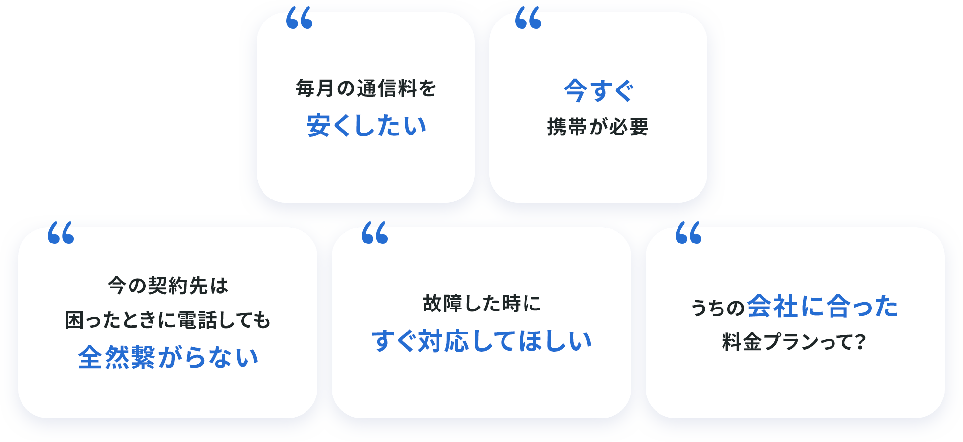 毎月の通信量を安くしたい・今すぐ携帯が必要・今の契約先は困った時に電話しても全然繋がらない・故障した時にすぐ対応してほしい・うちの会社に合った料金プランって？